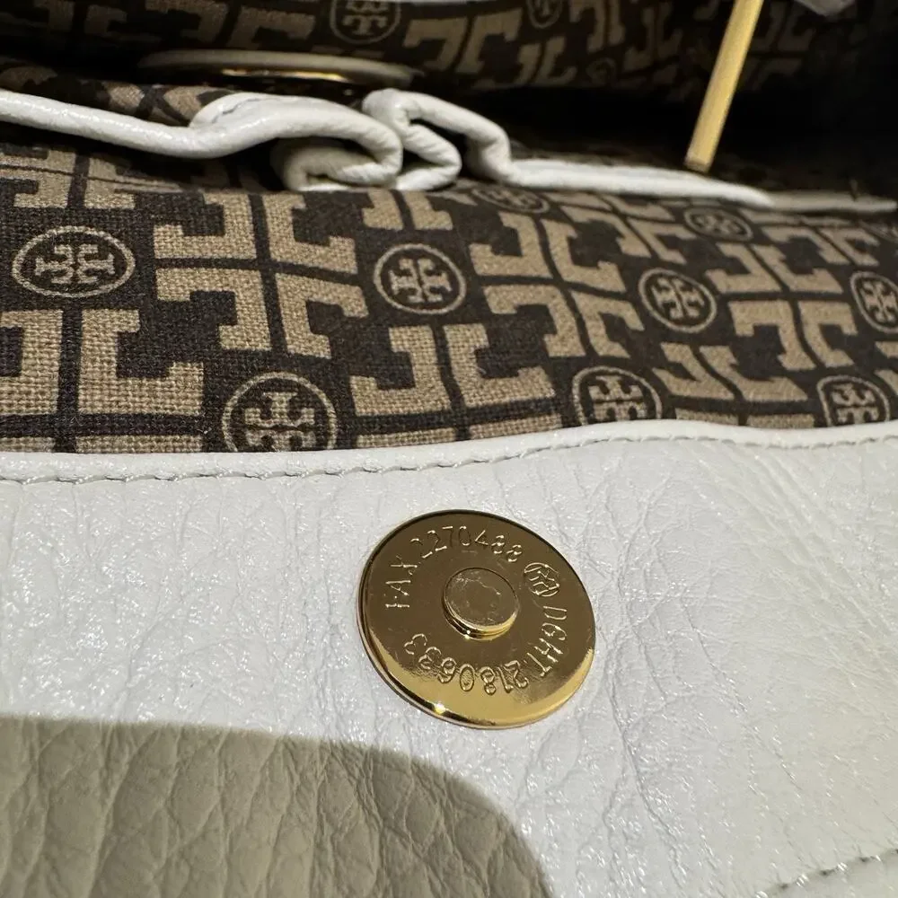 Tory Burch Gareth White Pebbled Leather Bucket Shoulder Tote Bag Gold Hardware